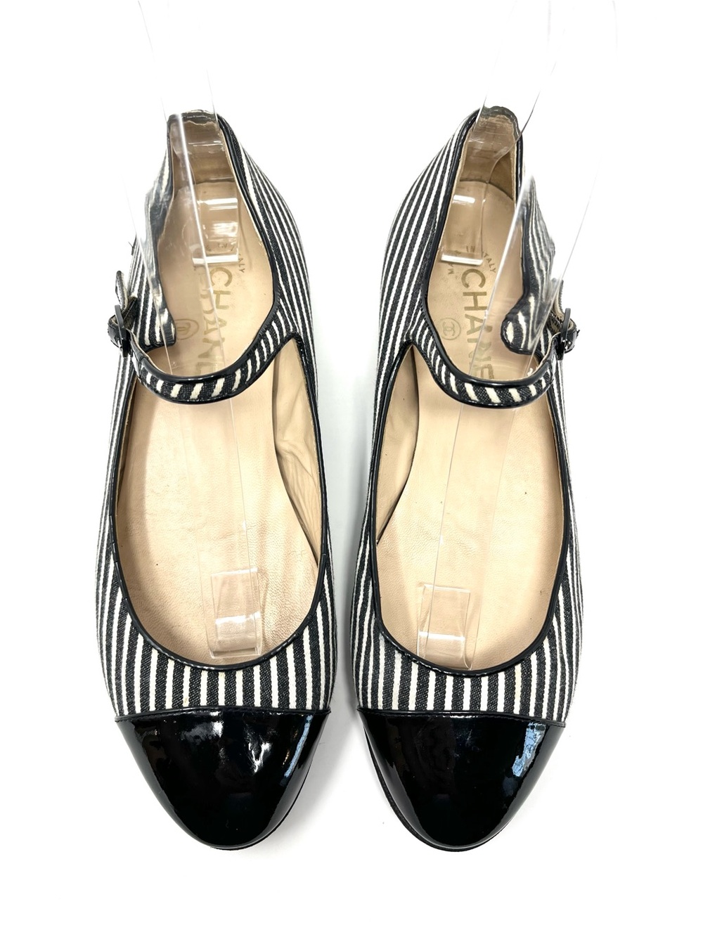 Vintage Vtg Chanel Mary Jane Ballet Flats Black White Striped Cap Toe CC Logo 37 - Picture 4 of 11